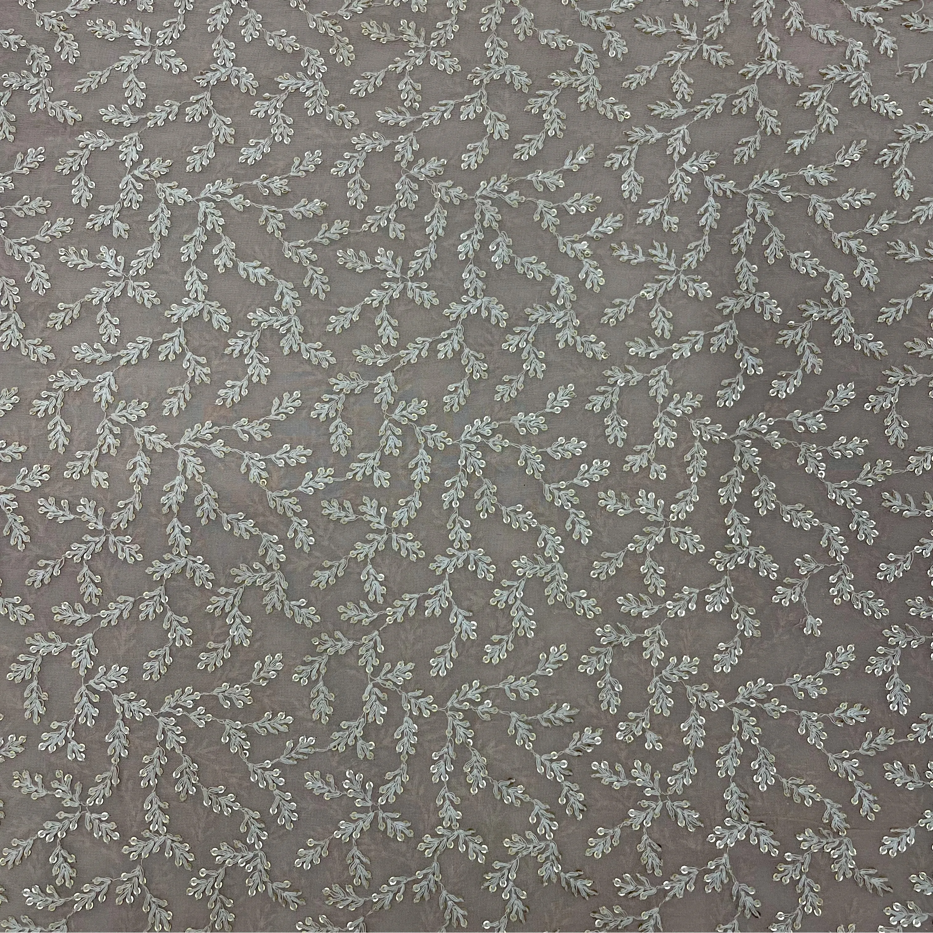 Cream Leaf Embroidery Sequins Georgette Fabric