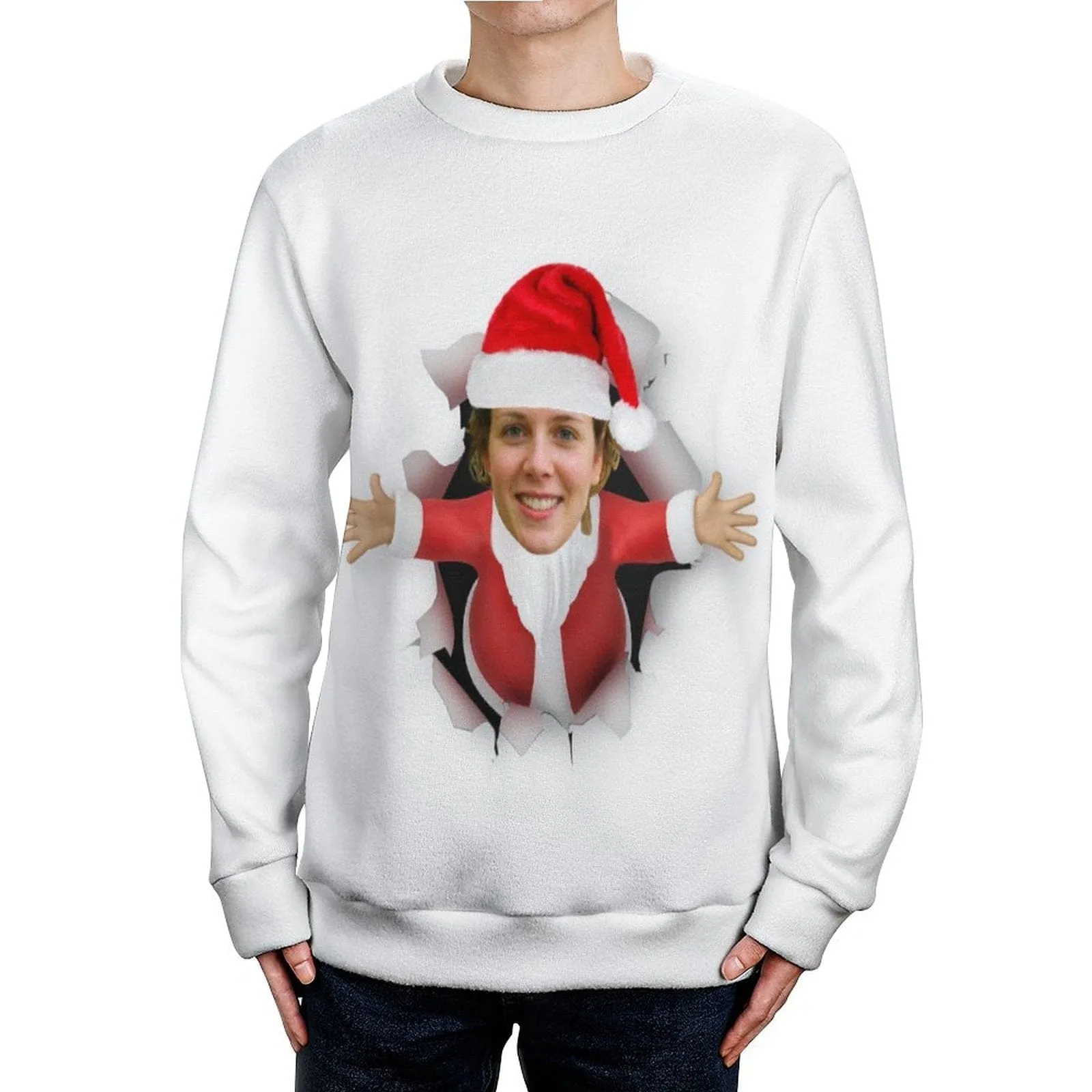 Custom Face Ugly Christmas Sweater With Photo Round Neck Sweater for Men Santa Claus Christmas Long Sleeve Lightweight Sweater Tops