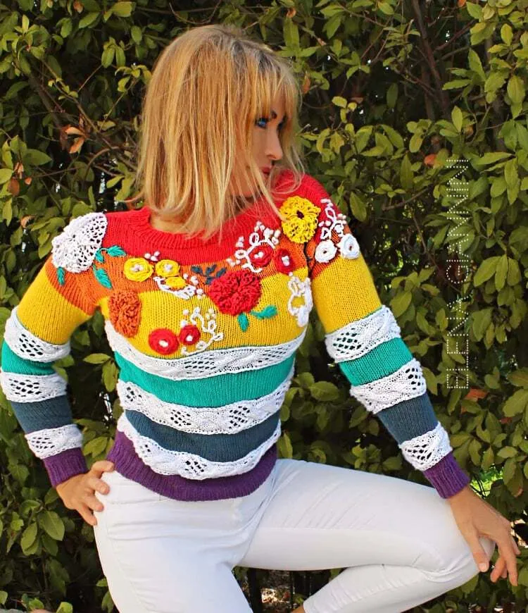 Designer Hand Knitted Sweater with Embroidery