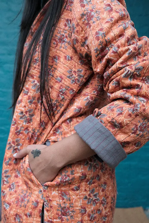 Dharan "Orange Side Yoke Quilted Jacket" Orange-Grey Block Printed Reversible Jacket