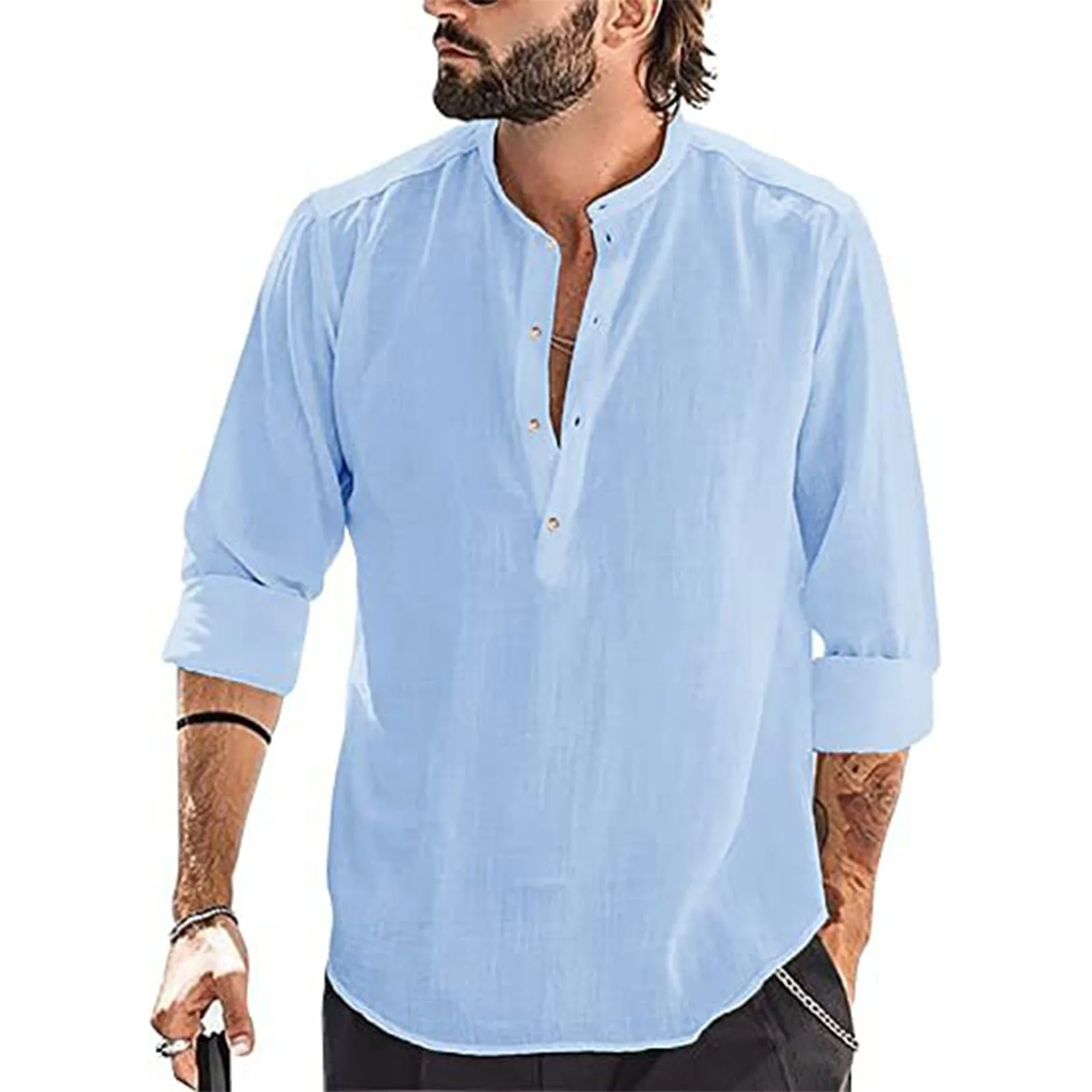 ESSENTIAL RETRO HENLEY LONG SLEEVE COTTON LINEN SHIRT