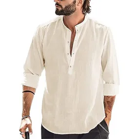 ESSENTIAL RETRO HENLEY LONG SLEEVE COTTON LINEN SHIRT