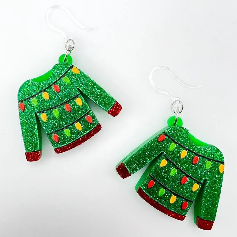 Exaggerated Ugly Christmas Sweater Dangles Hypoallergenic Earrings for Sensitive Ears Made with Plastic Posts