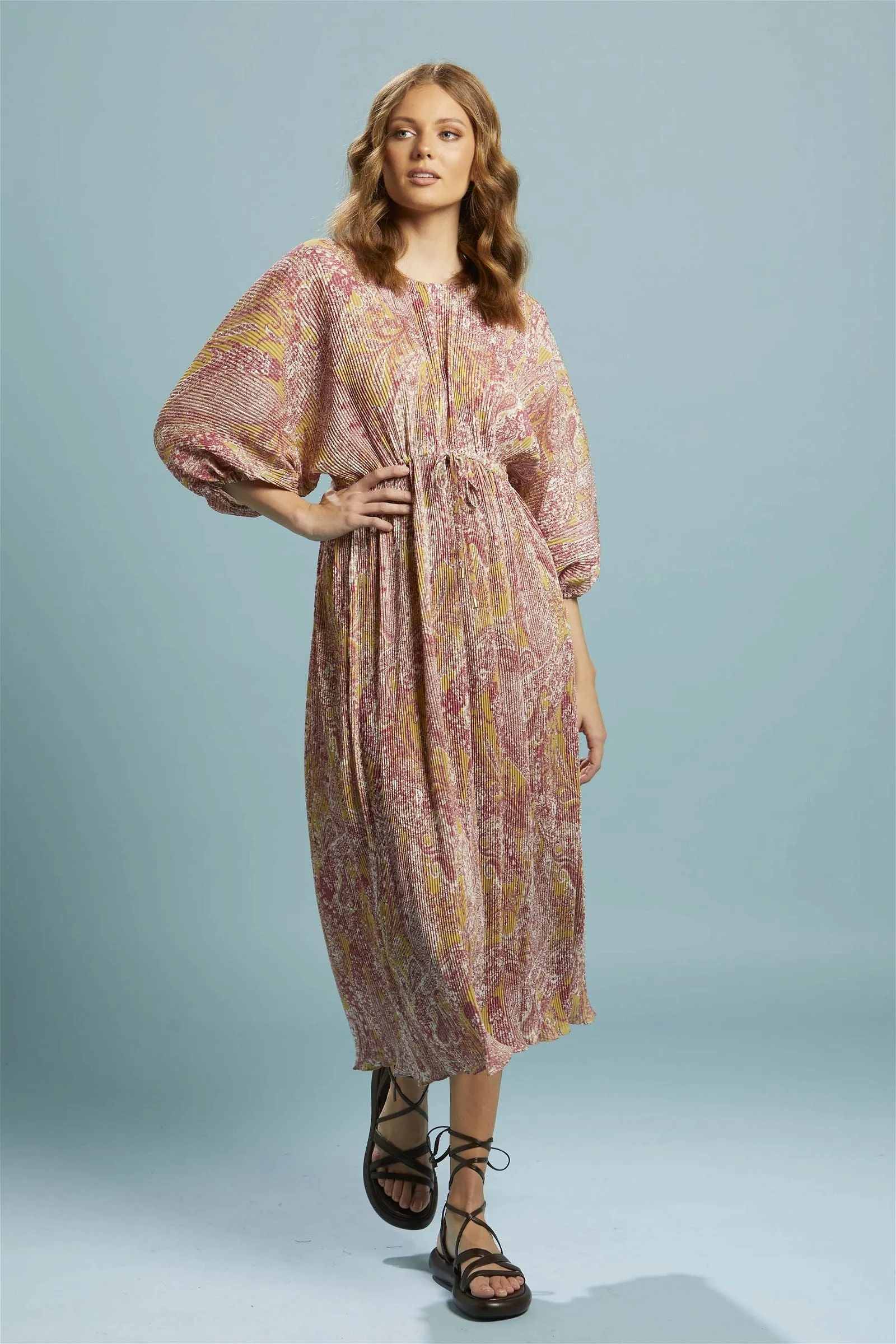 Fate   Becker First Move Pleated Midi Dress in Golden Paisley