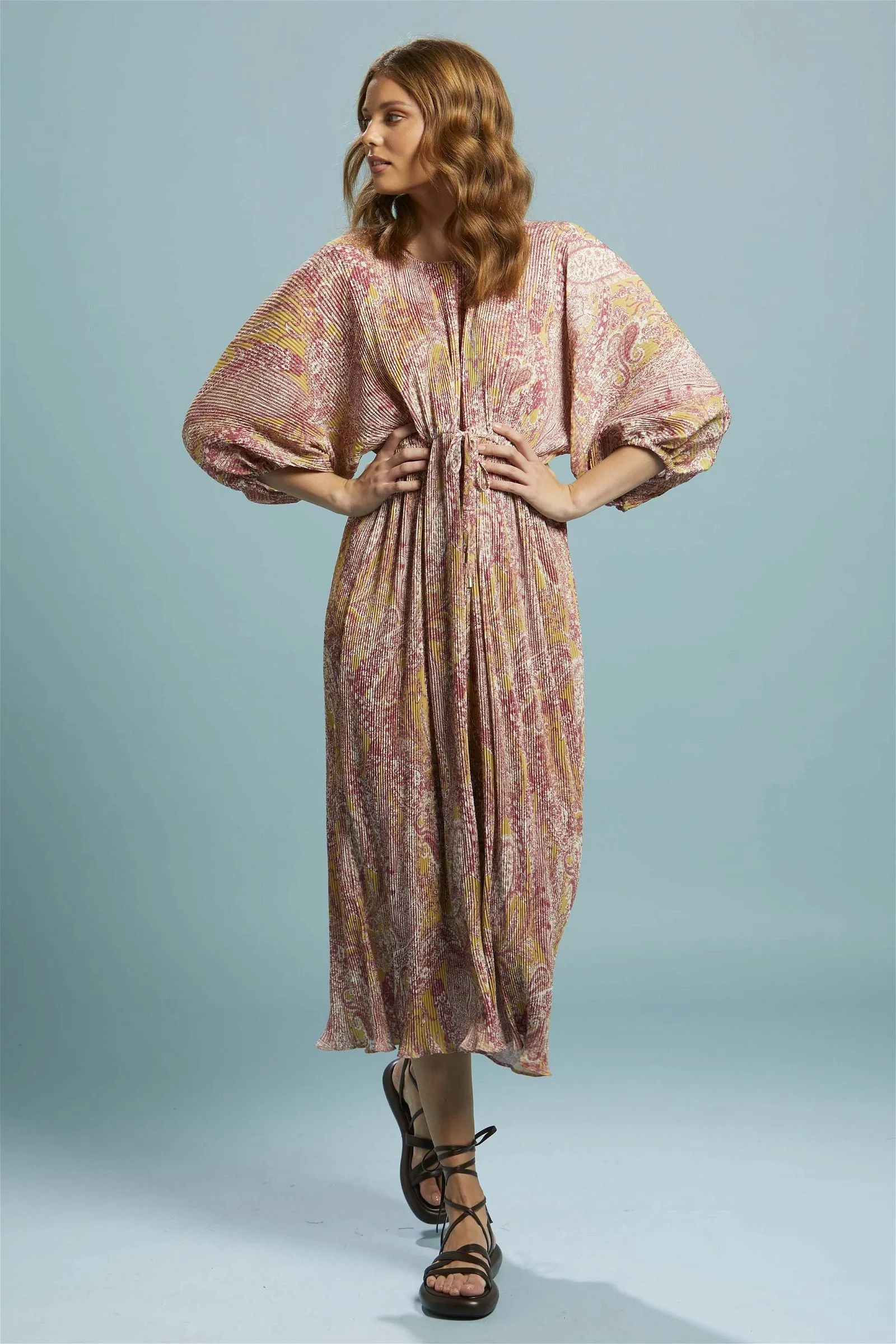 Fate   Becker First Move Pleated Midi Dress in Golden Paisley