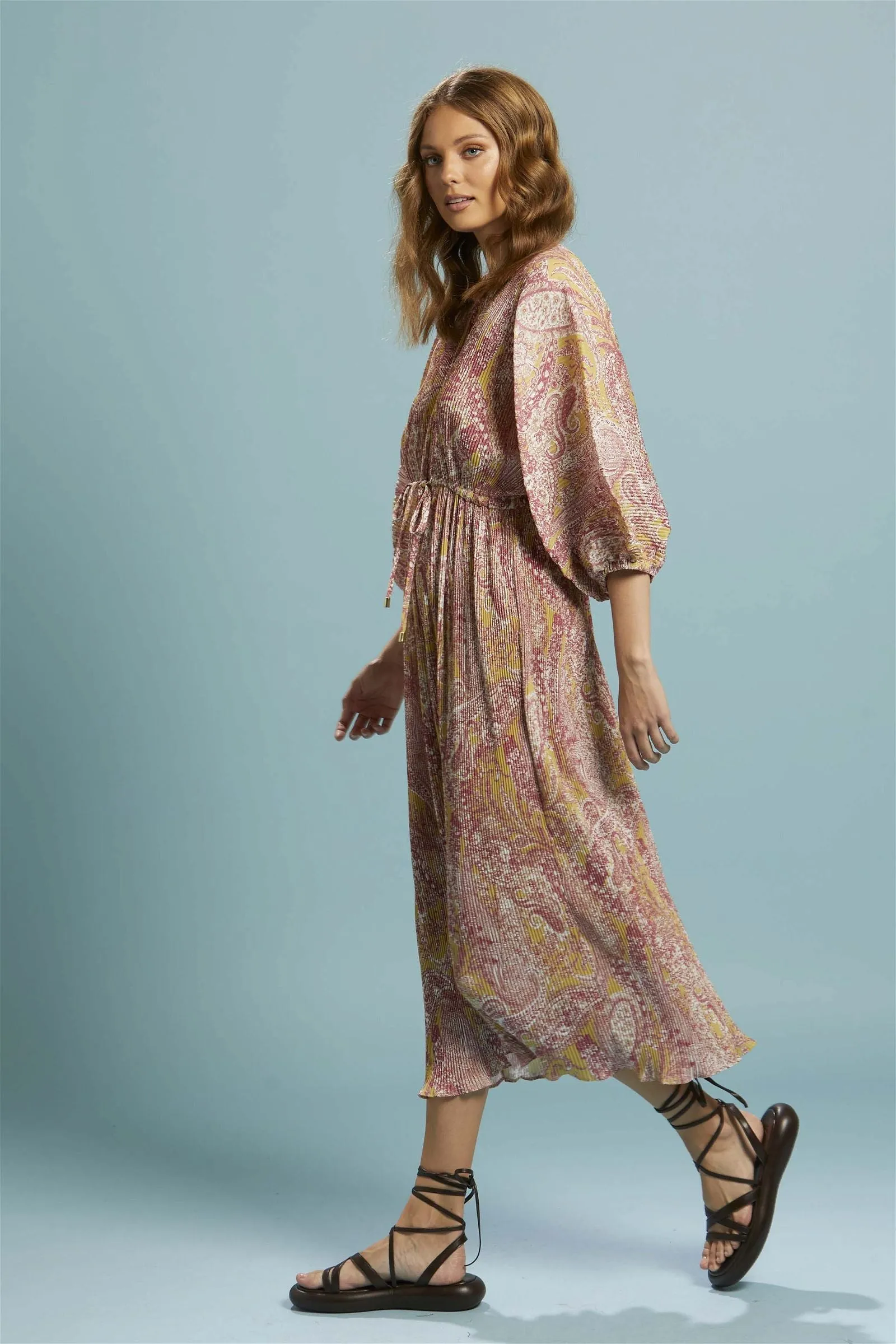 Fate   Becker First Move Pleated Midi Dress in Golden Paisley