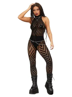 Fever Sleeveless V Striped Bodystocking Black