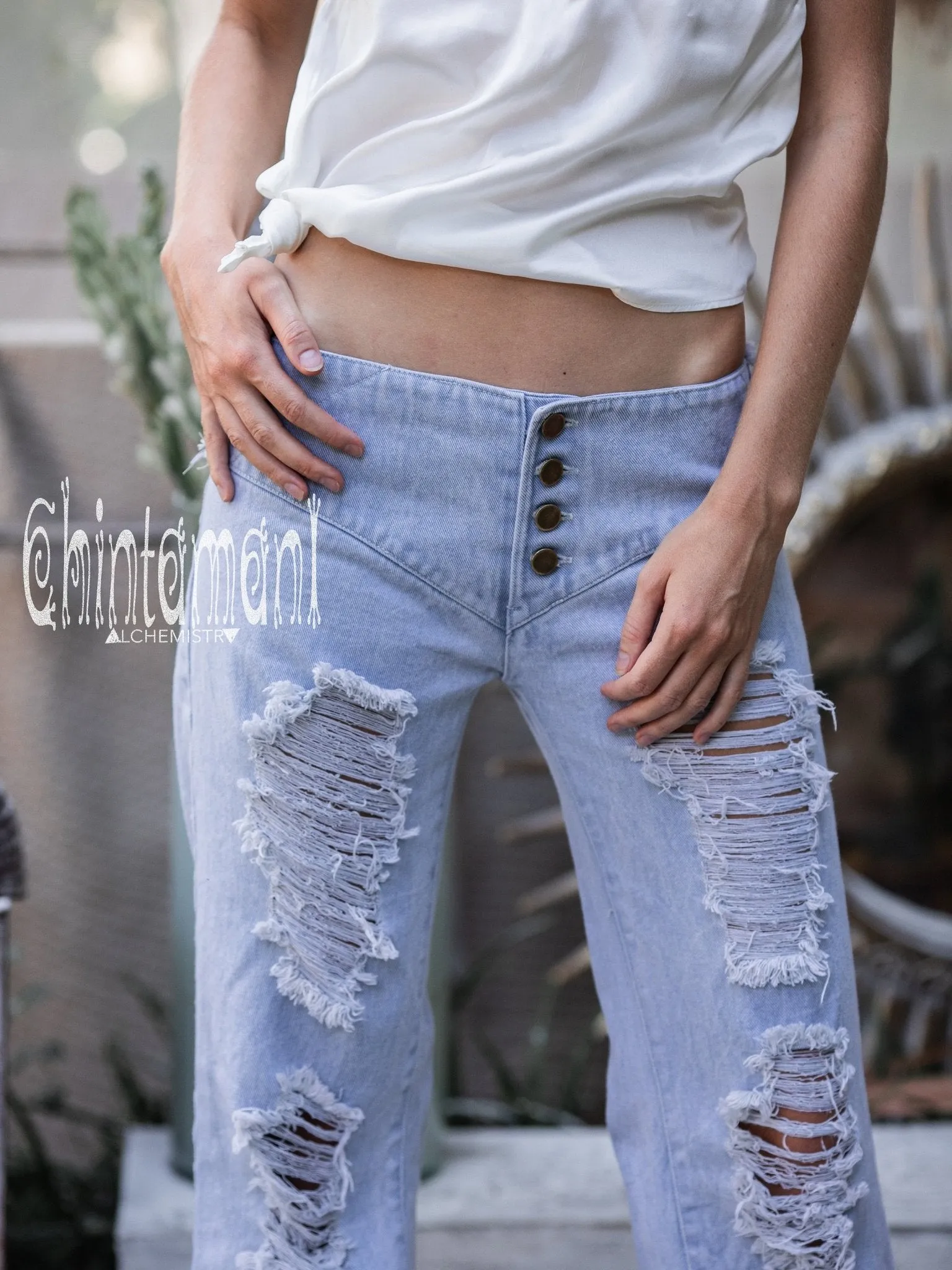 Flared Low Fitting Denim Pants for Women / Distressed Ripped Boho Jeans / Blue