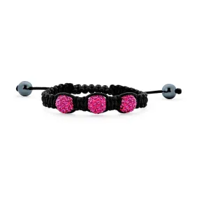 Fuchsia Pink Pave Crystal Ball Shamballa Inspired Bracelet Black Cord