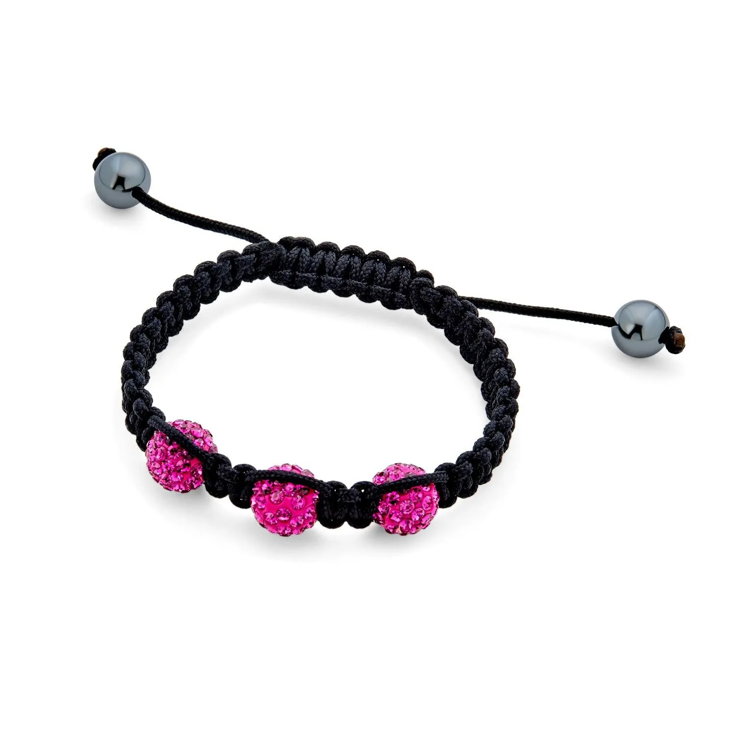 Fuchsia Pink Pave Crystal Ball Shamballa Inspired Bracelet Black Cord