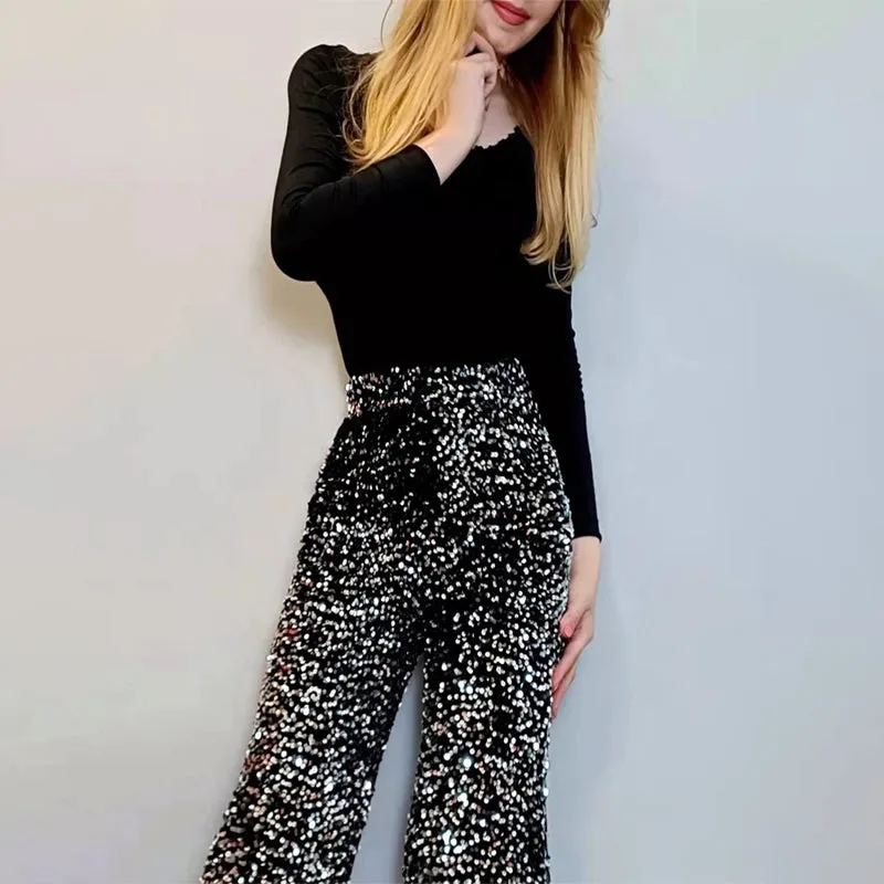 Glamorous Allure Sparkling Sequin Wide-Legged Long Flare Pants