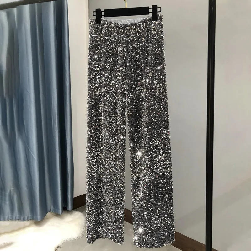 Glamorous Allure Sparkling Sequin Wide-Legged Long Flare Pants