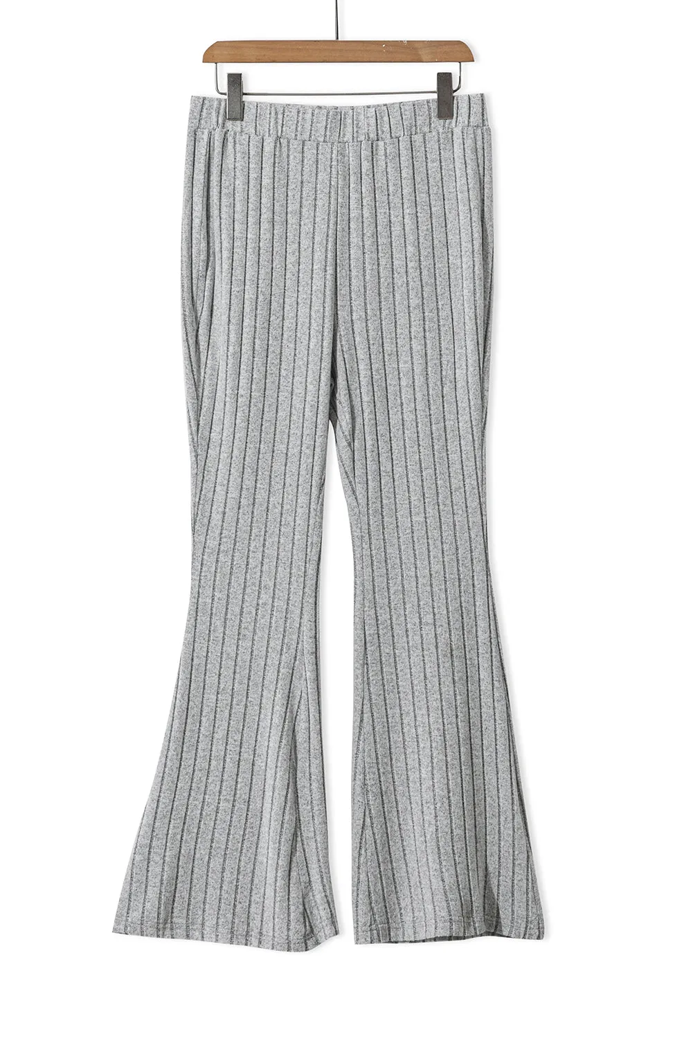 Gray Solid Color High Waist Ribbed Flare Pants