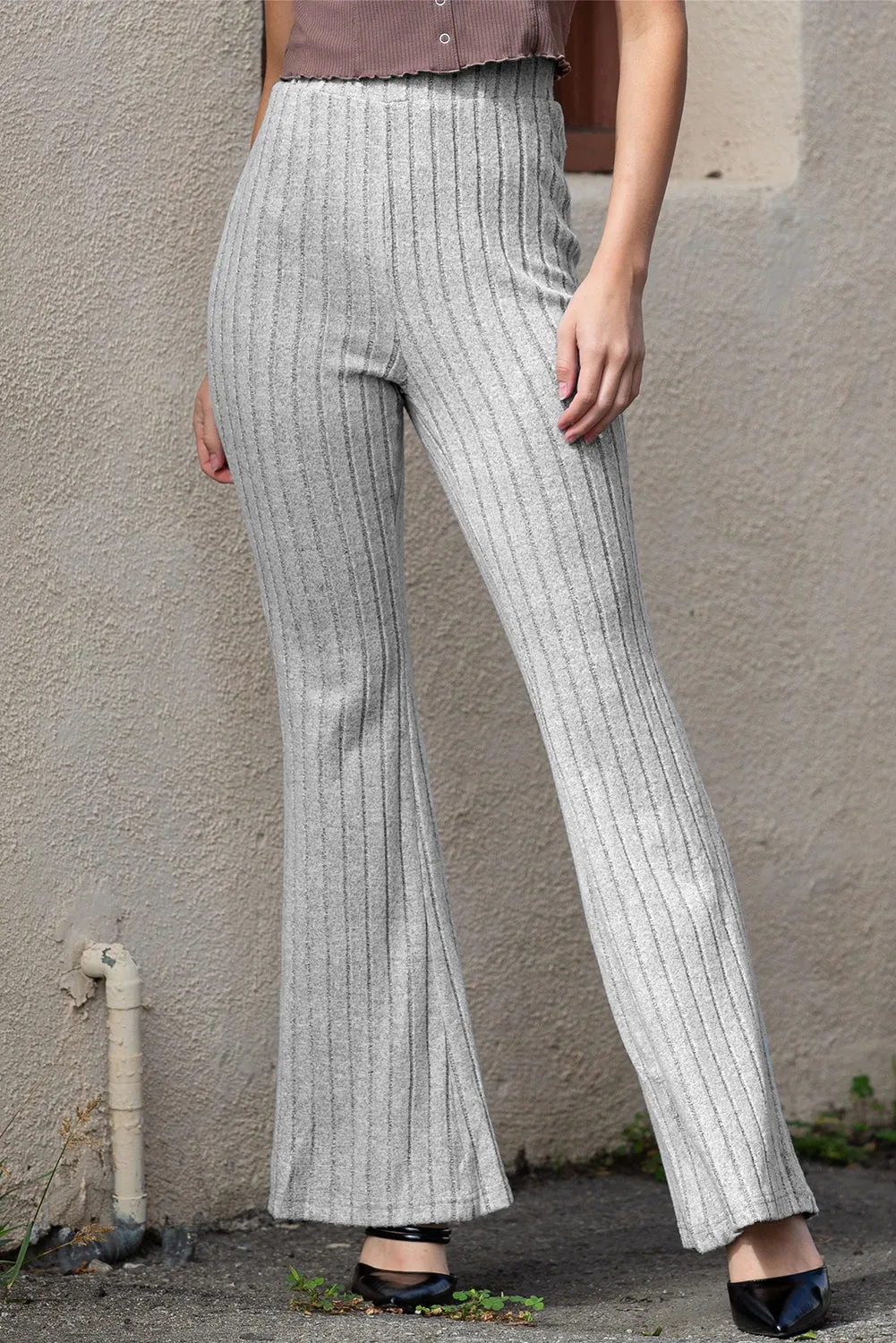 Gray Solid Color High Waist Ribbed Flare Pants