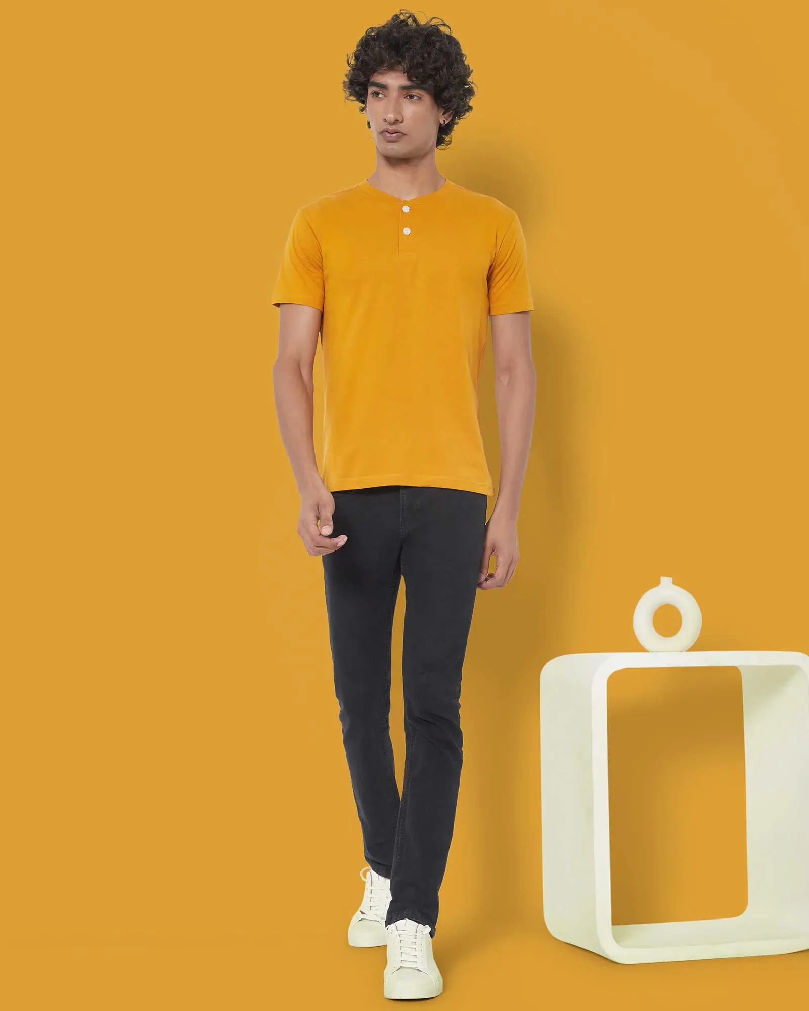 Half Sleeves Henley: Mustard