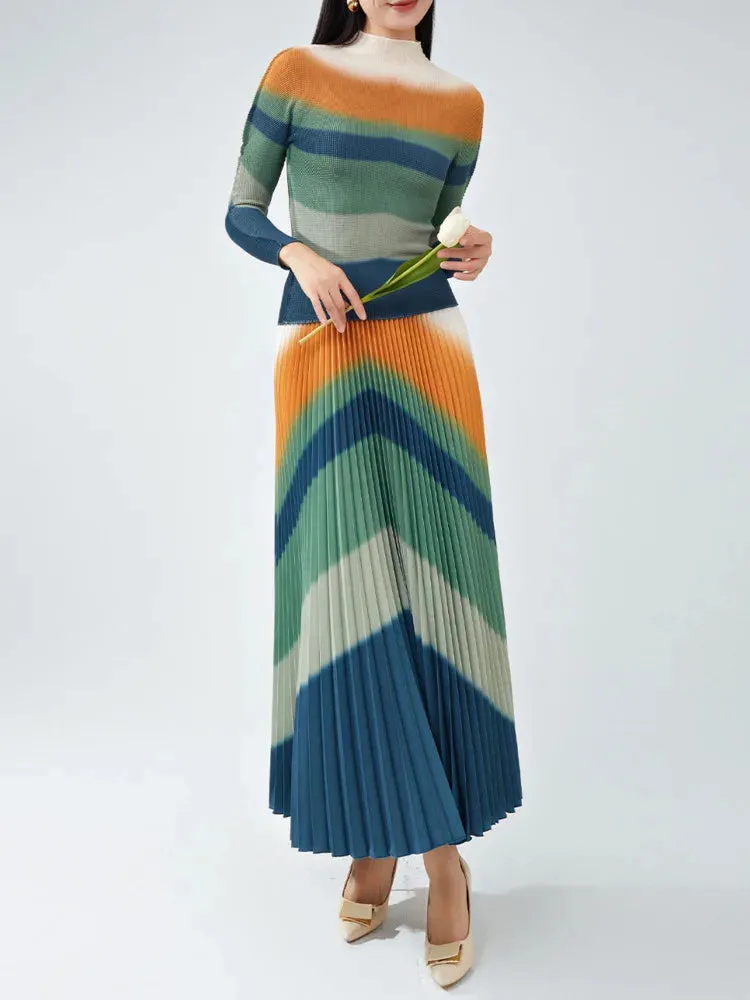 HEYFANCYSTYLE Elegant Gradient Long Pleated Skirt 2-Piece Set