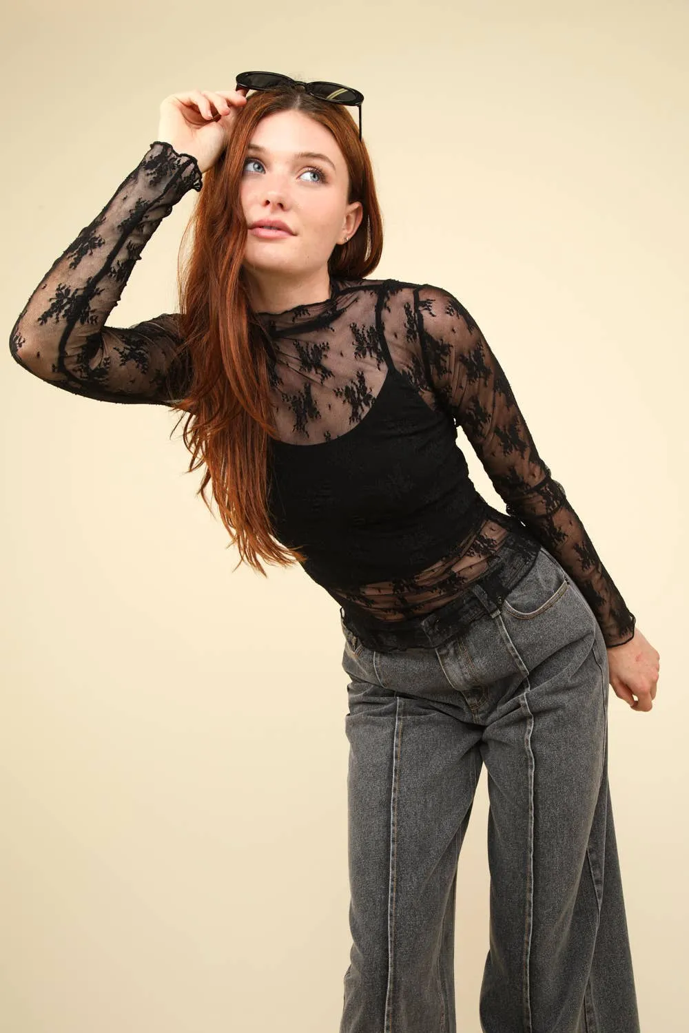 High Neck Fitted Sheer Mesh Lace Knit Top