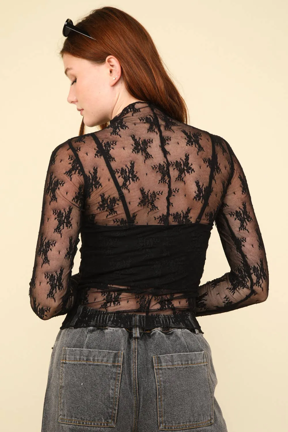 High Neck Fitted Sheer Mesh Lace Knit Top