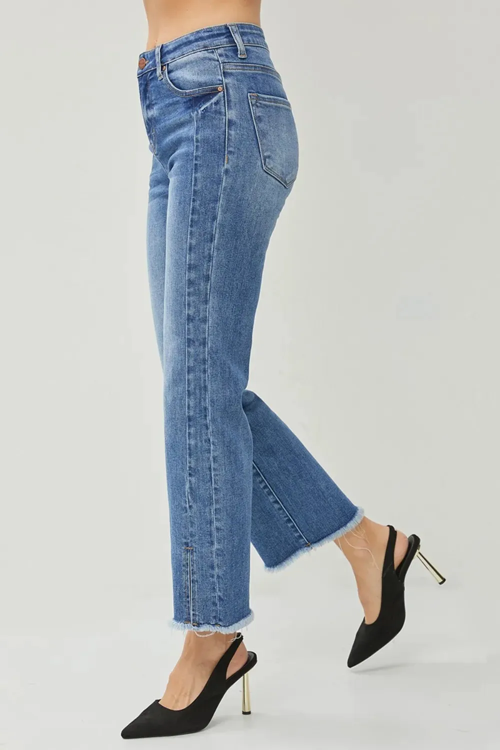 High Waist Raw Hem Slit Straight Jeans