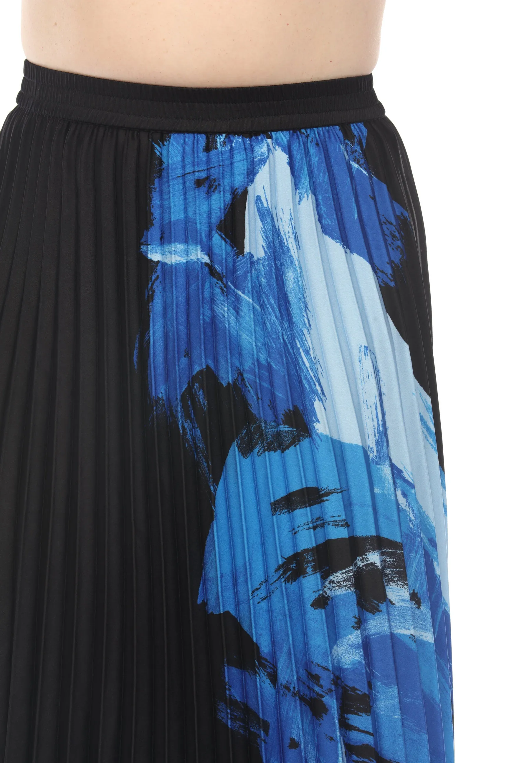 Joseph Ribkoff Black/Blue Brushstroke Print Pleated Pull On Midi Skirt 241930