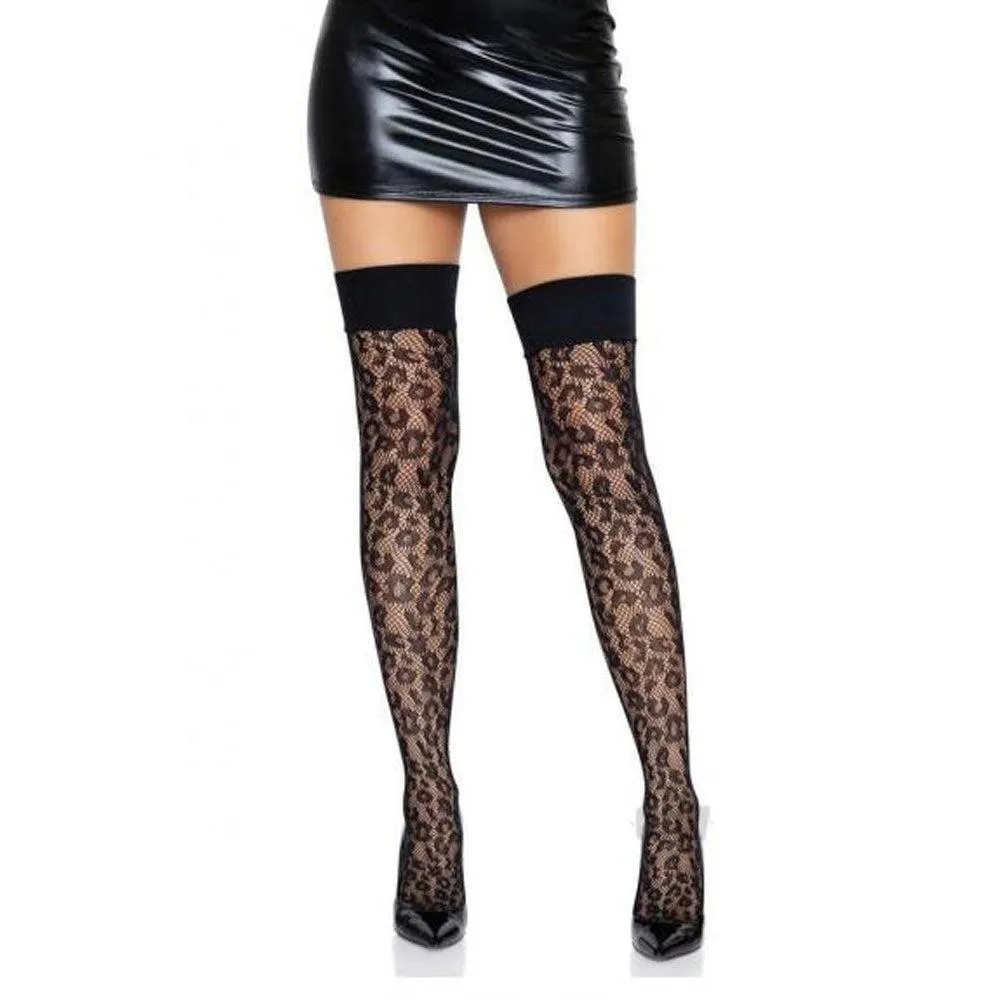 Leopard Net Thigh High With Wide Band Top - One  Size - Black