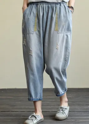 Literary loose loose white casual stitching hole denim cropped harem pants