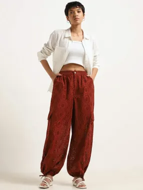 LOV Brown Cotton Schiffli Bohemian Pants