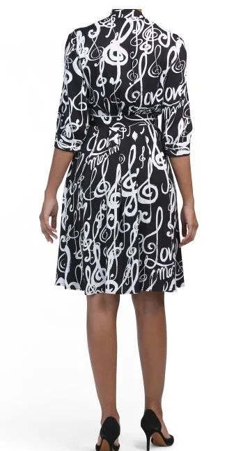 LOVE MOSCHINO Jabot Music Notes Printed Dress, Size 6