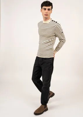 MATELOT - Authentic Striped Wool Fisherman Sweater with Button Shoulder |Slim Fit  (ECRU / NAVY)