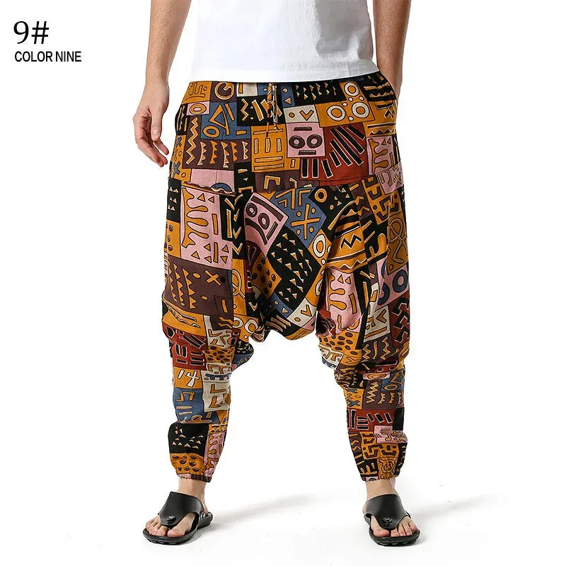 Men Casual Cotton Harem Pants Bohemian Style Joggers Yoga Vintage Baggy Trousers Sarouel Homme Hippy Hose HK02