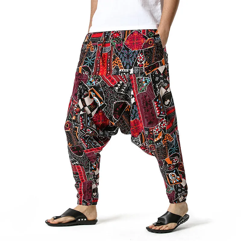 Men Casual Cotton Harem Pants Bohemian Style Joggers Yoga Vintage Baggy Trousers Sarouel Homme Hippy Hose HK02