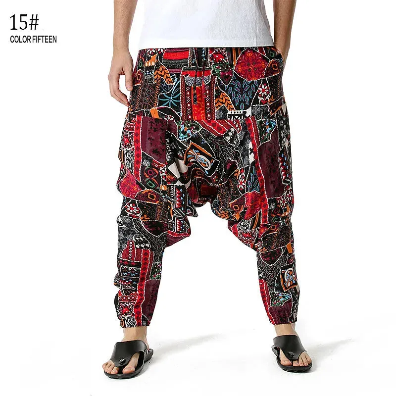 Men Casual Cotton Harem Pants Bohemian Style Joggers Yoga Vintage Baggy Trousers Sarouel Homme Hippy Hose HK02