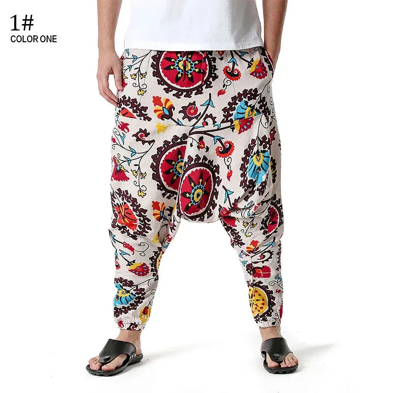 Men Casual Cotton Harem Pants Bohemian Style Joggers Yoga Vintage Baggy Trousers Sarouel Homme Hippy Hose HK02