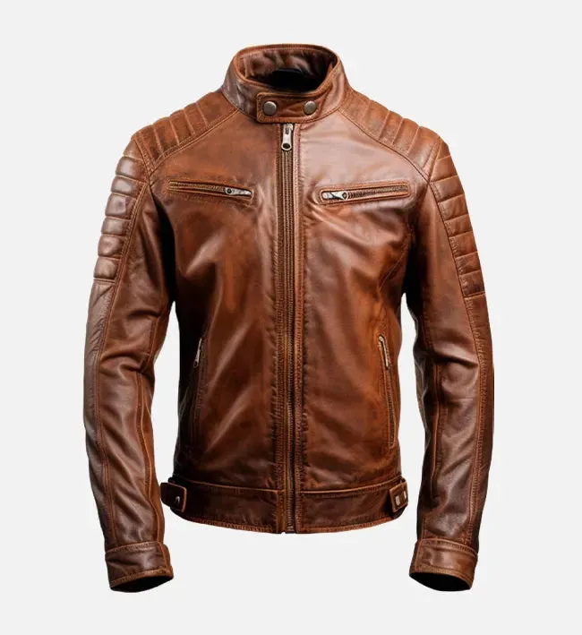 Men's Brown Leather Cafe Racer Jacket