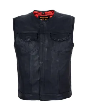 Mens No Collar Leather Motorcycle Club Vest with Red Liner Premium Cowhide Leather