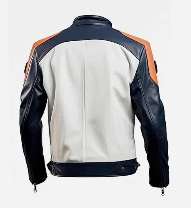 Men’s White Blue Cafe Racer Leather Jacket