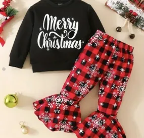 Merry Christmas Plaid Girls Outfit with Flared Pants