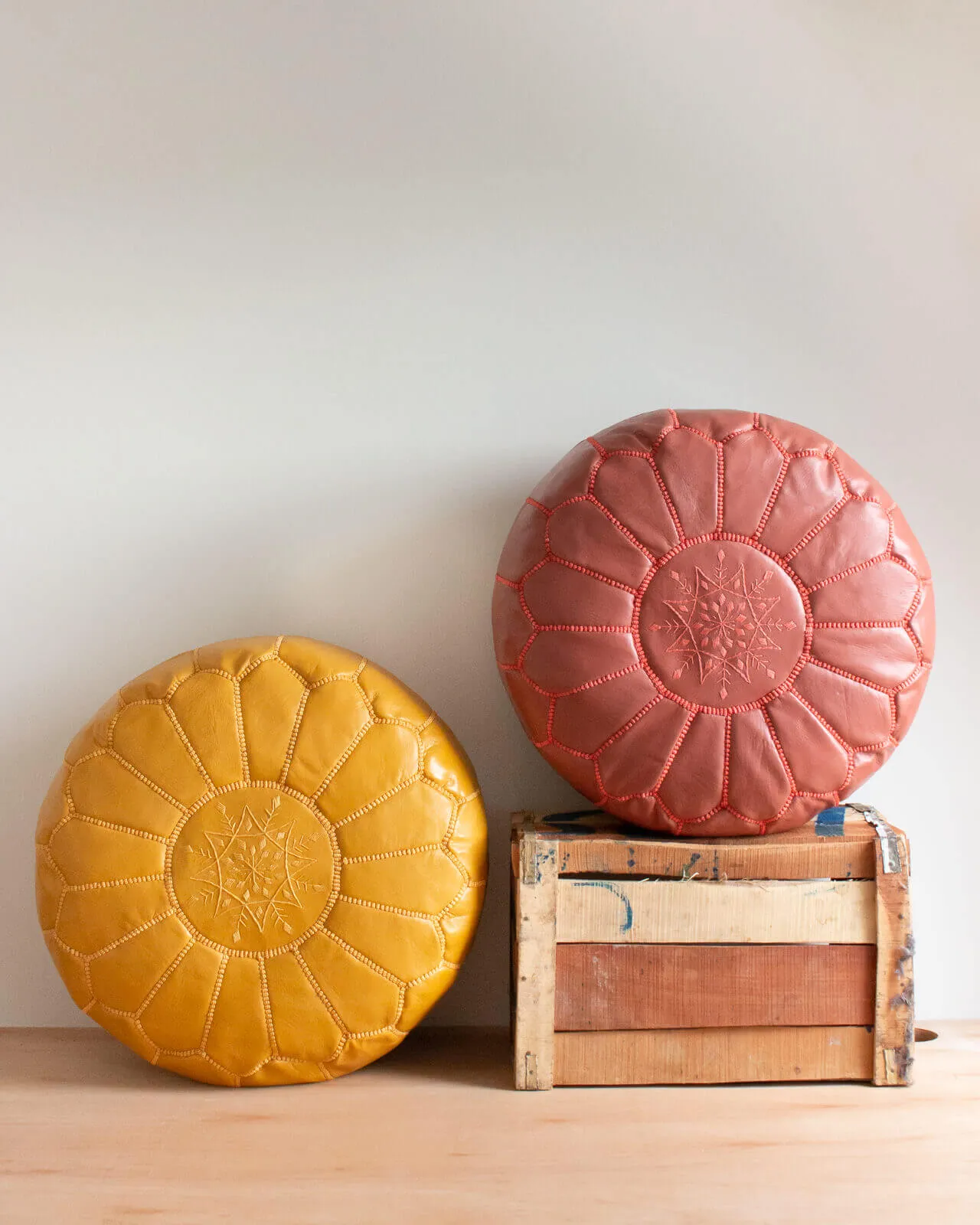 Moroccan Leather Pouffe, Mustard