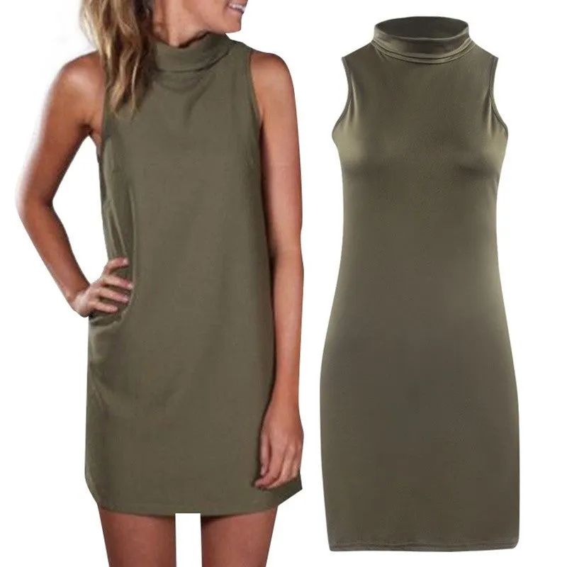 New Arrival Women Summer Sexy Party Dress Elegant Sleeveless Turtleneck Mini Dress