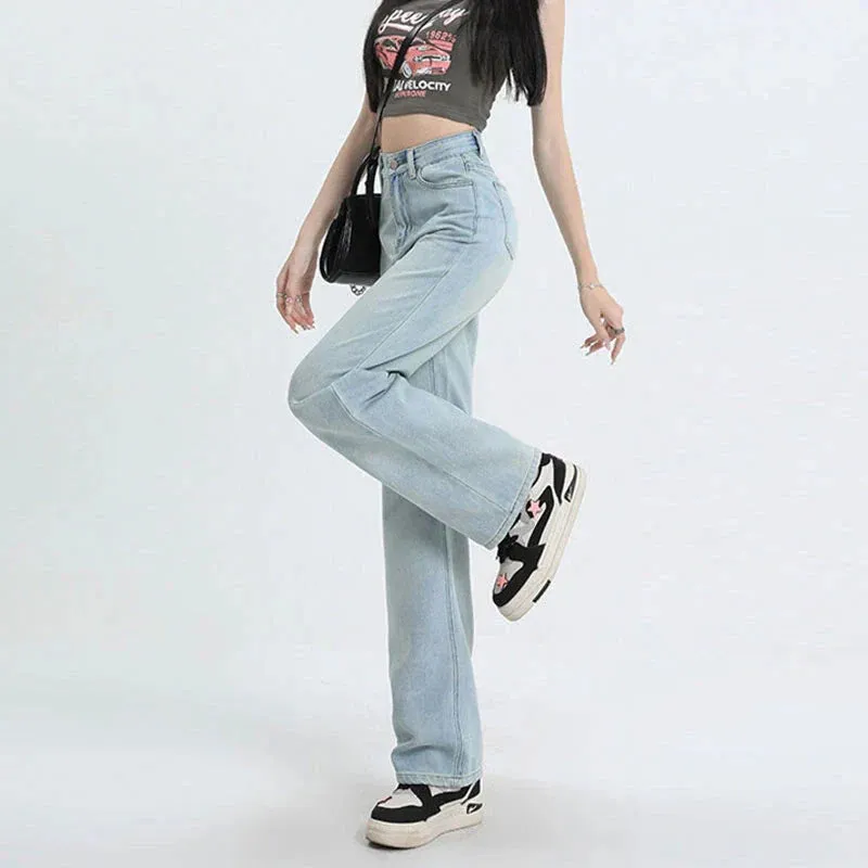 Online Celebrity New Pink Leather Brand High Waist Loose Slim Casual Wide Leg Mop Jeans