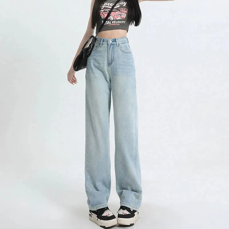 Online Celebrity New Pink Leather Brand High Waist Loose Slim Casual Wide Leg Mop Jeans