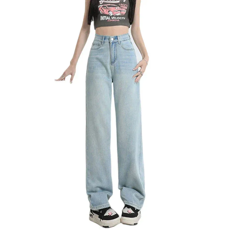 Online Celebrity New Pink Leather Brand High Waist Loose Slim Casual Wide Leg Mop Jeans