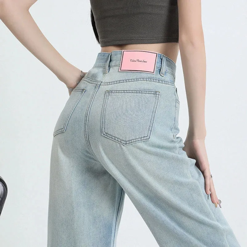 Online Celebrity New Pink Leather Brand High Waist Loose Slim Casual Wide Leg Mop Jeans