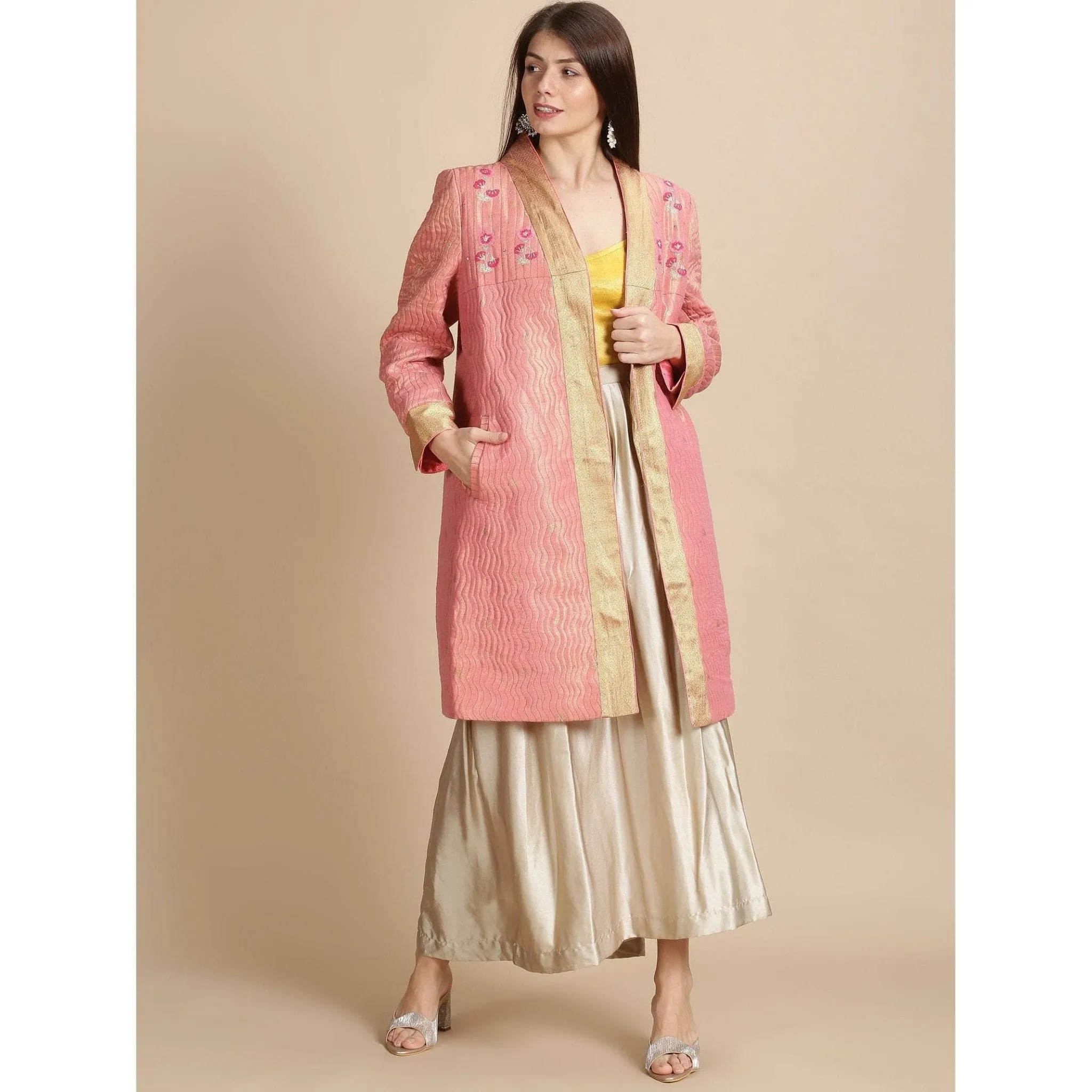 Pink Banarsi Zari Quilted Jacket