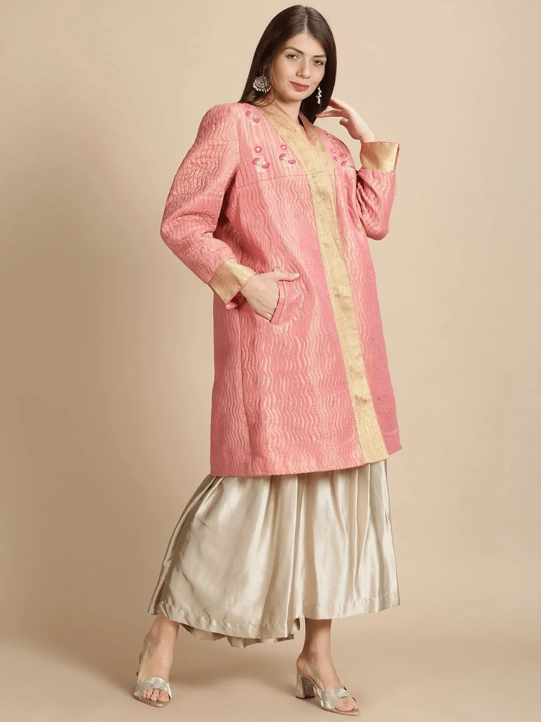 Pink Banarsi Zari Quilted Jacket