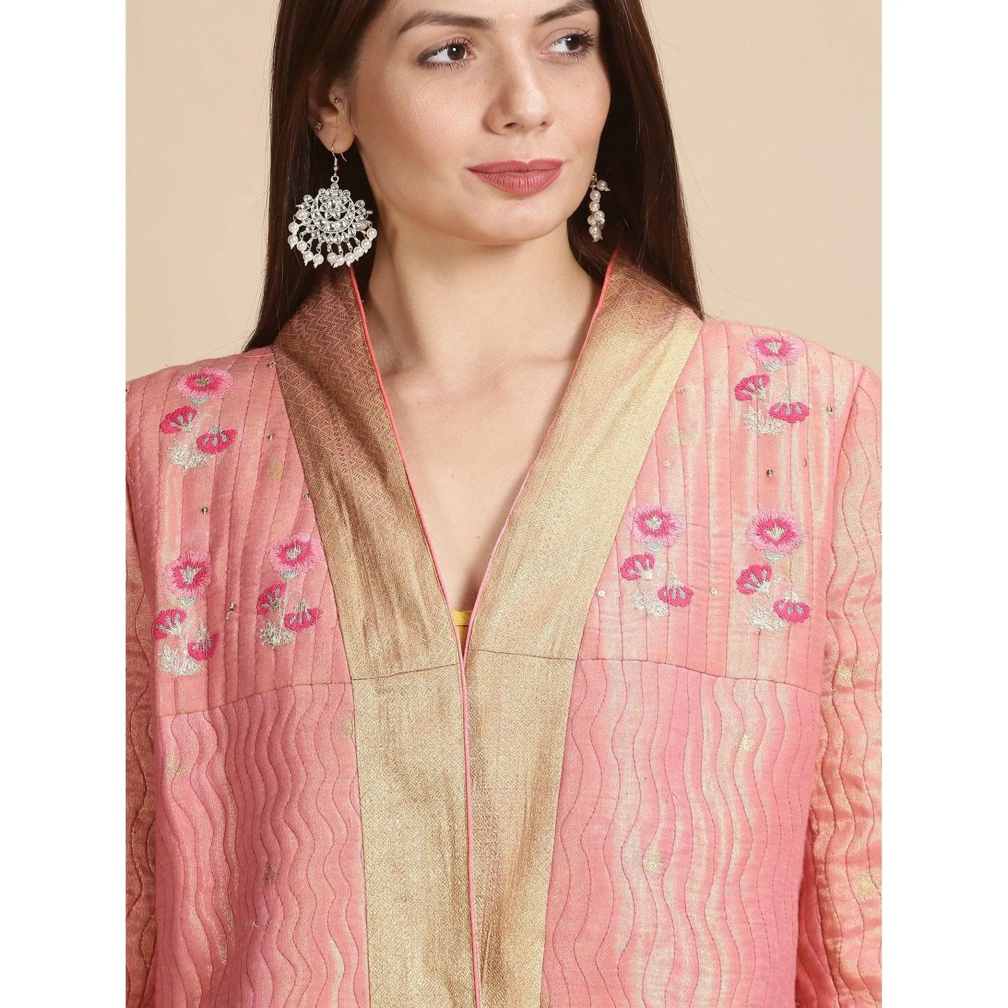 Pink Banarsi Zari Quilted Jacket