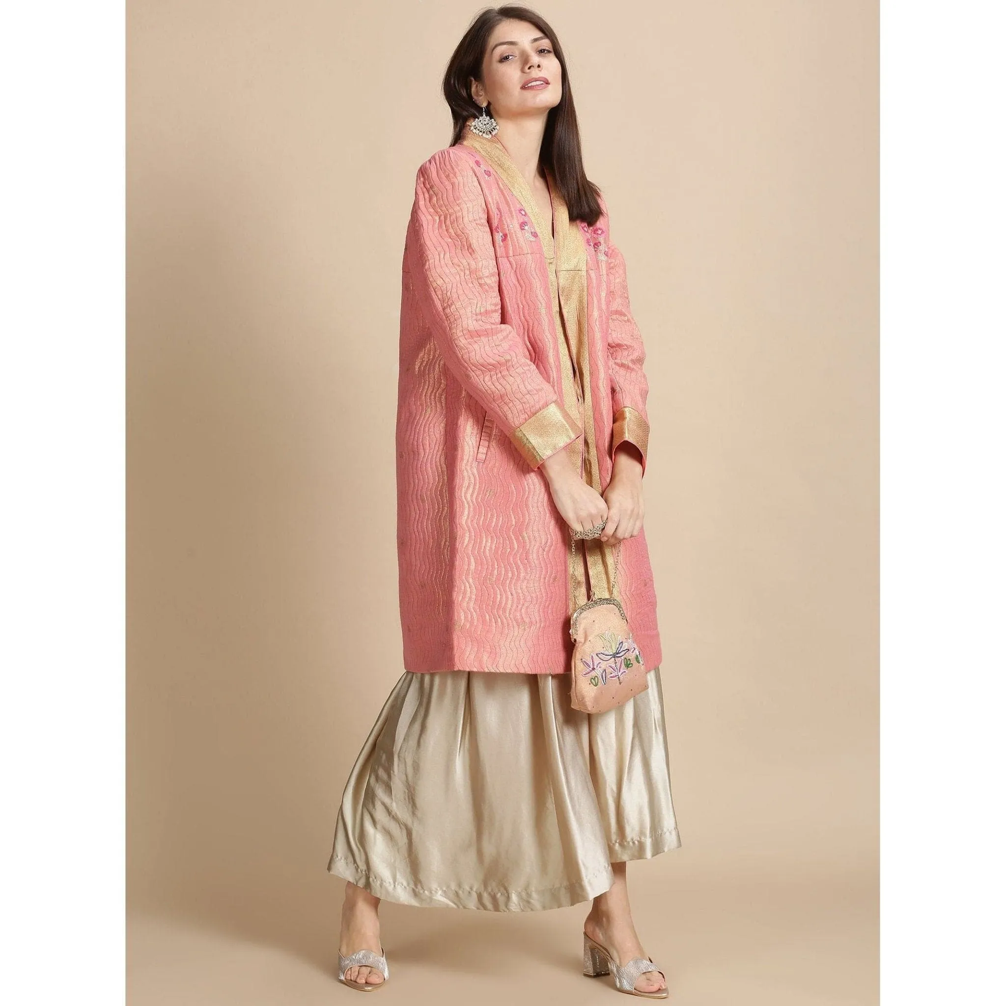 Pink Banarsi Zari Quilted Jacket