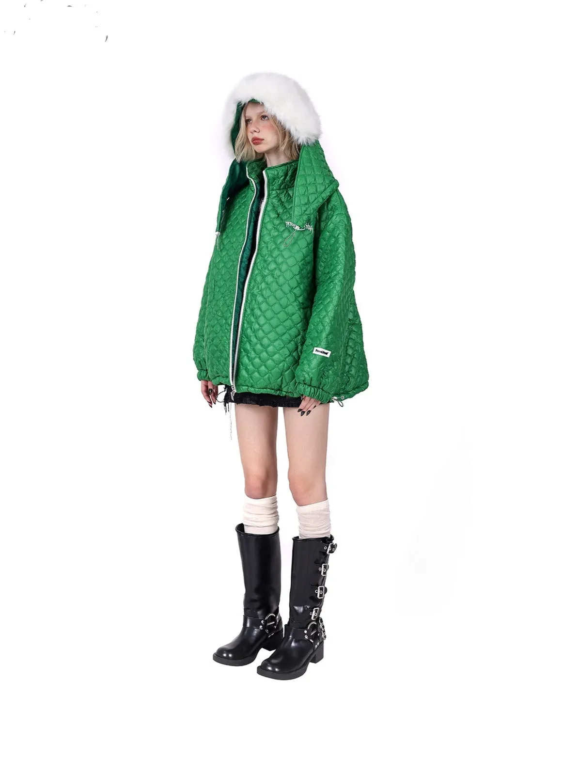 PINKSPINK Quilted Fur-Trimmed Puffer Jacket - Green and Black