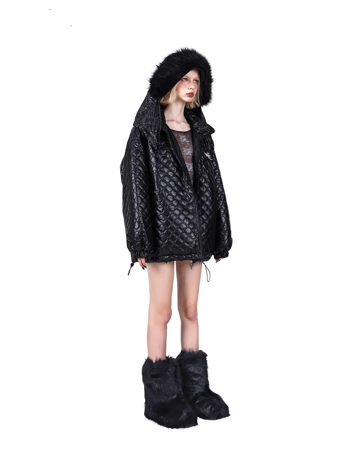 PINKSPINK Quilted Fur-Trimmed Puffer Jacket - Green and Black