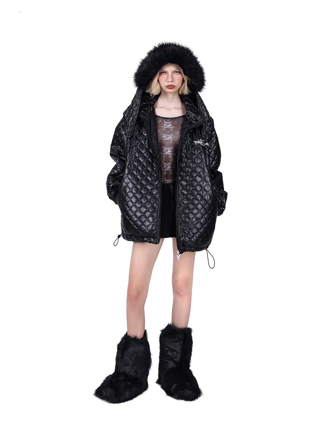 PINKSPINK Quilted Fur-Trimmed Puffer Jacket - Green and Black